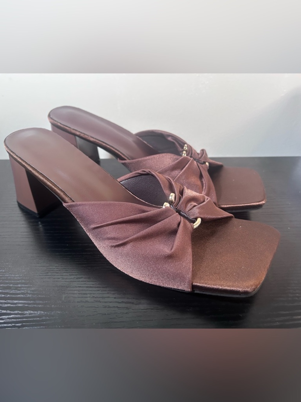 Othr Brown Satin Knot Block Heel Mules